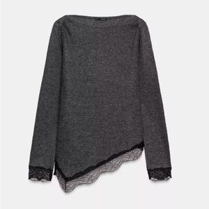 Zara Gray Asymmetric Lace Trim Knit Top